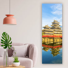 Lade das Bild in den Galerie-Viewer, Acrylglasbild Historische Burg mit roter Brücke und Wasserreflektion Panorama Hoch