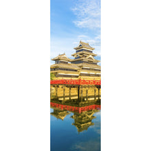 Lade das Bild in den Galerie-Viewer, Aluminiumbild Historische Burg mit roter Brücke und Wasserreflektion Panorama Hoch