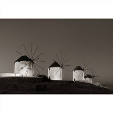 Lade das Bild in den Galerie-Viewer, Acrylglasbild Historische Windmühlen bei Dämmerung Querformat