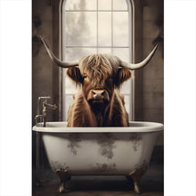 Lade das Bild in den Galerie-Viewer, Leinwandbild Hochlandrind in der Badewanne Vintage Hochformat