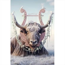 Lade das Bild in den Galerie-Viewer, Spannrahmenbild Hochlandrind Mit Dekorativer Harfe Hochformat