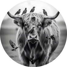 Lade das Bild in den Galerie-Viewer, Aluminiumbild Hochlandrind mit Vögeln und Fuchs Kreis