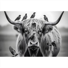 Lade das Bild in den Galerie-Viewer, Aluminiumbild Hochlandrind mit Vögeln und Fuchs Querformat