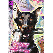 Lade das Bild in den Galerie-Viewer, Acrylglasbild Hund mit Waffe im Pop Art Stil Hochformat