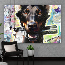 Lade das Bild in den Galerie-Viewer, Aluminiumbild gebürstet Hund mit Waffe im Pop Art Stil Querformat