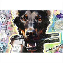 Lade das Bild in den Galerie-Viewer, Aluminiumbild gebürstet Hund mit Waffe im Pop Art Stil Querformat