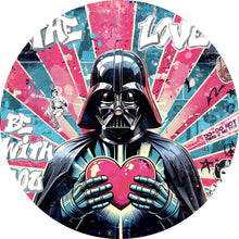 Lade das Bild in den Galerie-Viewer, Aluminiumbild gebürstet Ikonische Filmfigur Vader mit Herz Pop Art Kreis