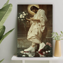 Lade das Bild in den Galerie-Viewer, Aluminiumbild gebürstet Jesus läuft mit Sneakern über Wasser Hochformat