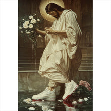 Lade das Bild in den Galerie-Viewer, Aluminiumbild Jesus läuft mit Sneakern über Wasser Hochformat