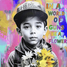 Lade das Bild in den Galerie-Viewer, Leinwandbild Junge mit Blumen vor buntem Hintergrund Quadrat