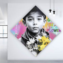 Lade das Bild in den Galerie-Viewer, Acrylglasbild Junge mit Blumen vor buntem Hintergrund Raute