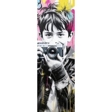 Lade das Bild in den Galerie-Viewer, Acrylglasbild Junge mit Kamera und bunte Graffiti Wand Panorama Hoch