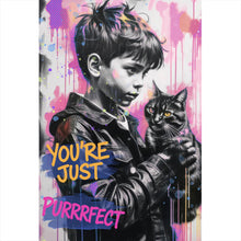 Lade das Bild in den Galerie-Viewer, Aluminiumbild Junge mit Katze in kunstvoller Street Art Szene Hochformat