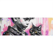 Lade das Bild in den Galerie-Viewer, Aluminiumbild gebürstet Junge mit Katze in kunstvoller Street Art Szene Panorama