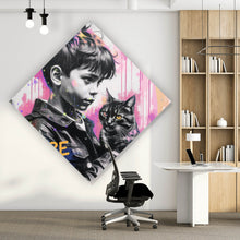 Lade das Bild in den Galerie-Viewer, Acrylglasbild Junge mit Katze in kunstvoller Street Art Szene Raute