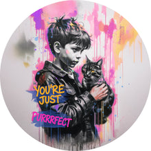 Lade das Bild in den Galerie-Viewer, Aluminiumbild gebürstet Junge mit Katze You are Just perfect Popart Kreis