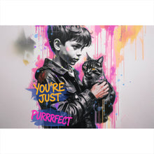 Lade das Bild in den Galerie-Viewer, Leinwandbild Junge mit Katze You are Just perfect Popart Querformat