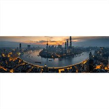 Lade das Bild in den Galerie-Viewer, Aluminiumbild gebürstet Kanal durch Stadtlandschaft bei Nacht Panorama