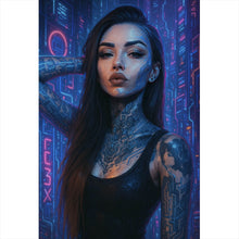 Lade das Bild in den Galerie-Viewer, Leinwandbild Katjahlix Cyberpunk-Frau mit leuchtenden Tattoos und futuristischem Hintergrund Hochformat