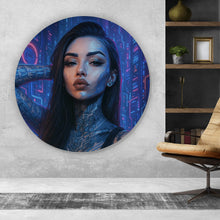 Lade das Bild in den Galerie-Viewer, Aluminiumbild gebürstet Katjahlix Cyberpunk-Frau mit leuchtenden Tattoos und futuristischem Hintergrund Kreis