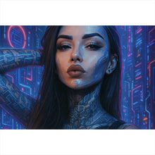 Lade das Bild in den Galerie-Viewer, Aluminiumbild Katjahlix Cyberpunk-Frau mit leuchtenden Tattoos und futuristischem Hintergrund Querformat