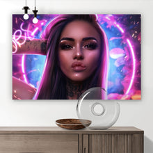 Lade das Bild in den Galerie-Viewer, Acrylglasbild Katjahlix Neonbeleuchtete Frau mit langen Haaren und Tattoos Querformat