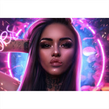 Lade das Bild in den Galerie-Viewer, Leinwandbild Katjahlix Neonbeleuchtete Frau mit langen Haaren und Tattoos Querformat
