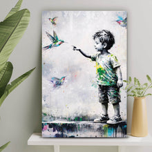 Lade das Bild in den Galerie-Viewer, Spannrahmenbild Kind berührt Vögel Hochformat