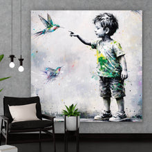 Lade das Bild in den Galerie-Viewer, Aluminiumbild Kind berührt Vögel Quadrat