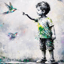 Lade das Bild in den Galerie-Viewer, Spannrahmenbild Kind berührt Vögel Quadrat