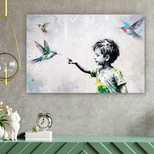 Lade das Bild in den Galerie-Viewer, Poster Kind berührt Vögel Querformat