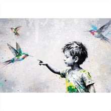 Lade das Bild in den Galerie-Viewer, Acrylglasbild Kind berührt Vögel Querformat