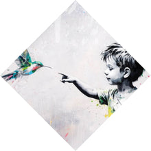 Lade das Bild in den Galerie-Viewer, Acrylglasbild Kind berührt Vögel Raute
