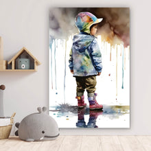 Lade das Bild in den Galerie-Viewer, Leinwandbild Kind in einer Wasserpfütze Aquarell Hochformat