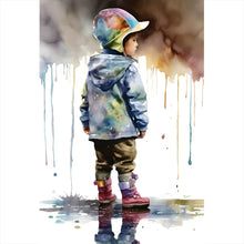 Lade das Bild in den Galerie-Viewer, Leinwandbild Kind in einer Wasserpfütze Aquarell Hochformat
