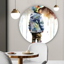 Lade das Bild in den Galerie-Viewer, Aluminiumbild gebürstet Kind in einer Wasserpfütze Aquarell Kreis