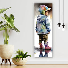 Lade das Bild in den Galerie-Viewer, Leinwandbild Kind in einer Wasserpfütze Aquarell Panorama Hoch