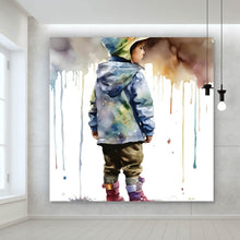Lade das Bild in den Galerie-Viewer, Aluminiumbild Kind in einer Wasserpfütze Aquarell Quadrat