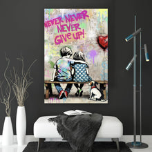 Lade das Bild in den Galerie-Viewer, Spannrahmenbild Kinder auf Bank mit Herzballon Popart Hochformat