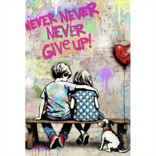 Lade das Bild in den Galerie-Viewer, Spannrahmenbild Kinder auf Bank mit Herzballon Popart Hochformat