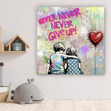 Lade das Bild in den Galerie-Viewer, Leinwandbild Kinder auf Bank mit Herzballon Popart Quadrat