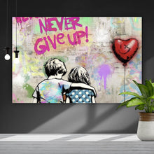 Lade das Bild in den Galerie-Viewer, Aluminiumbild Kinder auf Bank mit Herzballon Popart Querformat