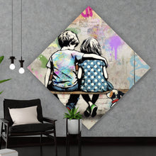 Lade das Bild in den Galerie-Viewer, Leinwandbild Kinder auf Bank mit Herzballon Popart Raute