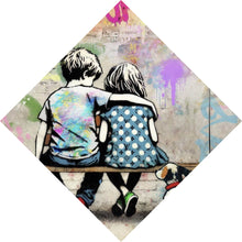 Lade das Bild in den Galerie-Viewer, Leinwandbild Kinder auf Bank mit Herzballon Popart Raute