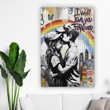 Lade das Bild in den Galerie-Viewer, Leinwandbild Kinder umarmen sich vor buntem Regenbogen Hochformat