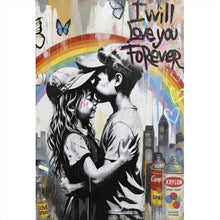 Lade das Bild in den Galerie-Viewer, Leinwandbild Kinder umarmen sich vor buntem Regenbogen Hochformat