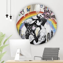 Lade das Bild in den Galerie-Viewer, Aluminiumbild gebürstet Kinder umarmen sich vor buntem Regenbogen Kreis