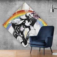 Lade das Bild in den Galerie-Viewer, Aluminiumbild Kinder umarmen sich vor buntem Regenbogen Raute