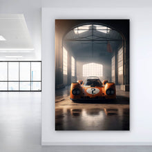 Lade das Bild in den Galerie-Viewer, Aluminiumbild gebürstet Klassischer Rennwagen in verlassener Halle Hochformat