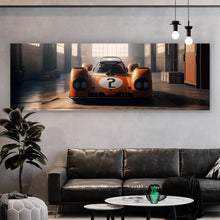 Lade das Bild in den Galerie-Viewer, Leinwandbild Klassischer Rennwagen in verlassener Halle Panorama